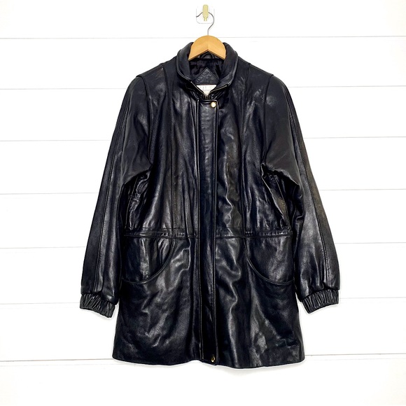 Vintage Genuine Lambskin Leather Black Parka w/ Fox Fur Trimmed Removable Hood - Picture 3 of 15